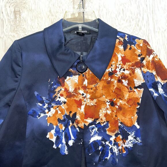 NWT Ellen Tracy Ink Blue Orange Abstract Floral Swing Cotton Blazer Jacket Sz 10 - Picture 6 of 11